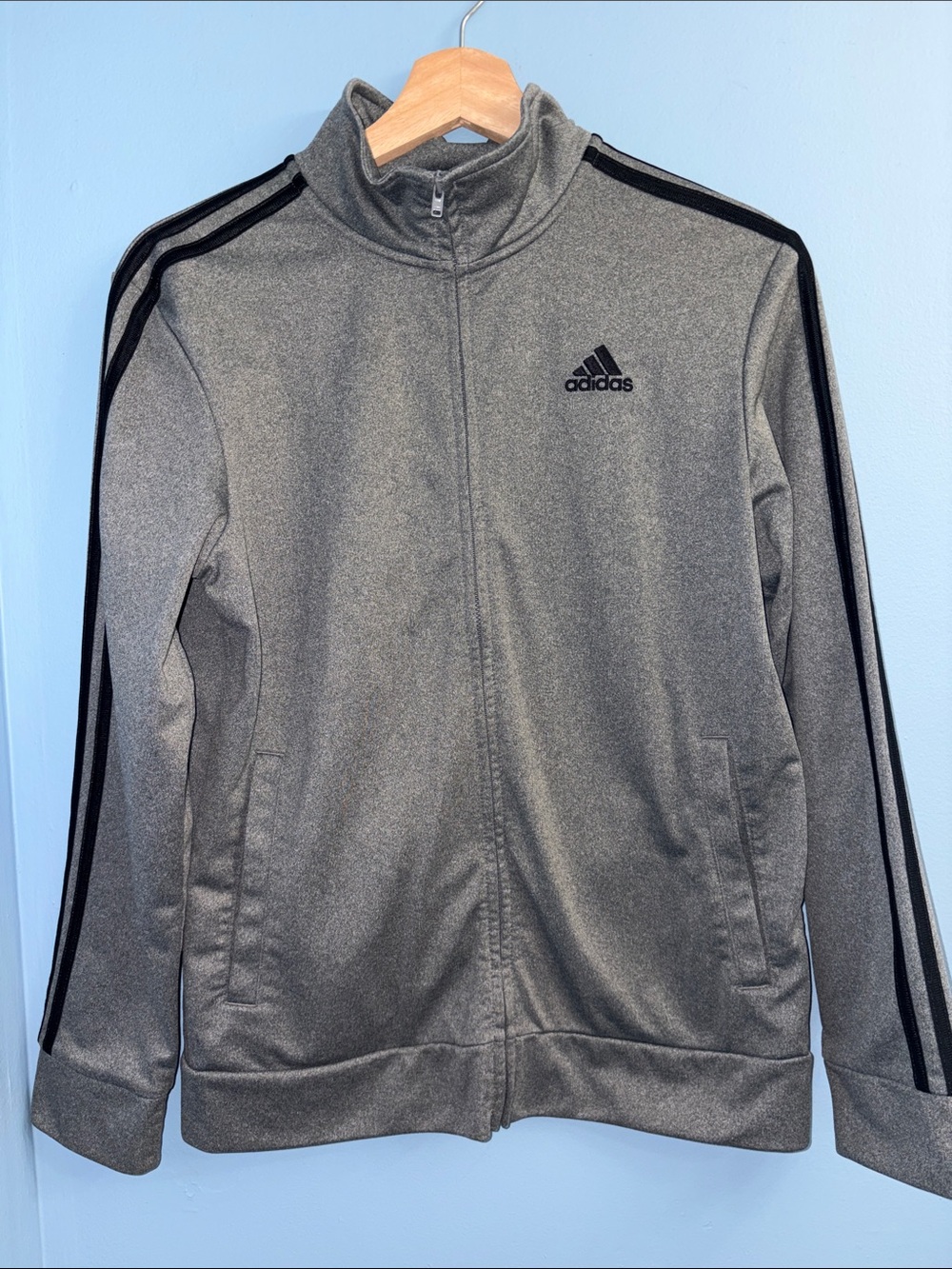 Adidas Boys Gray Track Jacket with Black Stripes